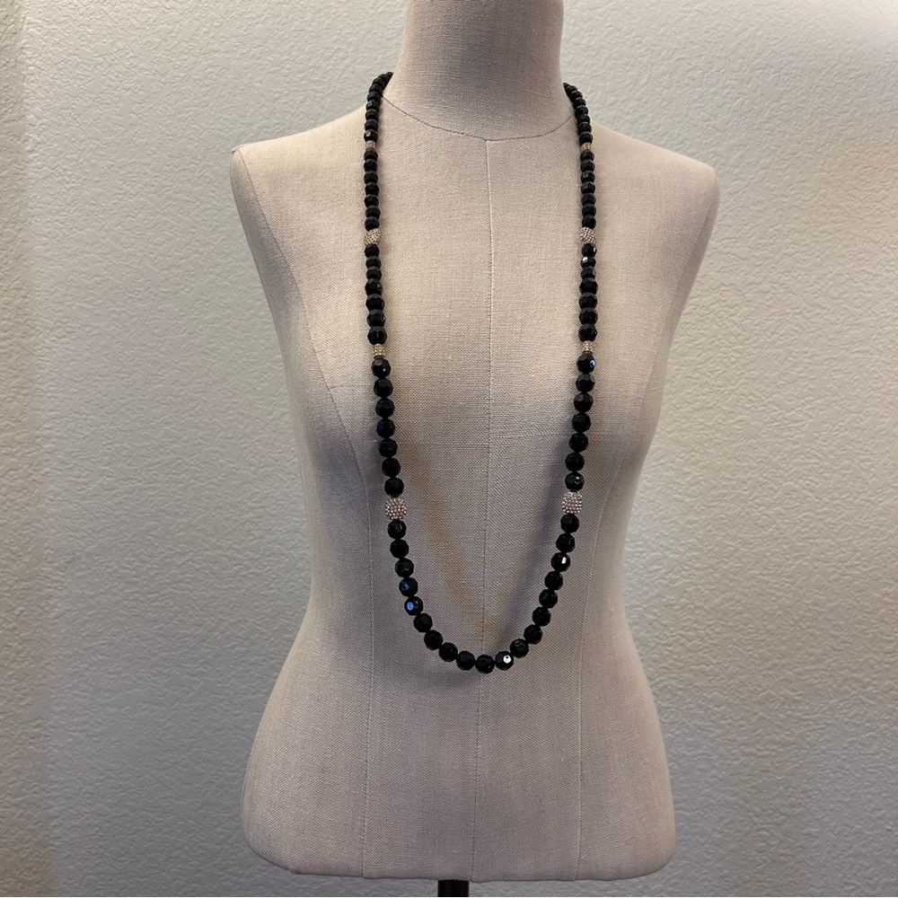 Long Black Beaded Necklace with Gold and Crystal Accents